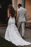Mermaid Spaghetti Backless Boho Wedding Dress With Lace Appliques-Pgmdress