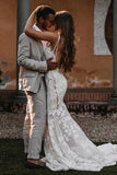 Mermaid Spaghetti Backless Boho Wedding Dress With Lace Appliques-Pgmdress