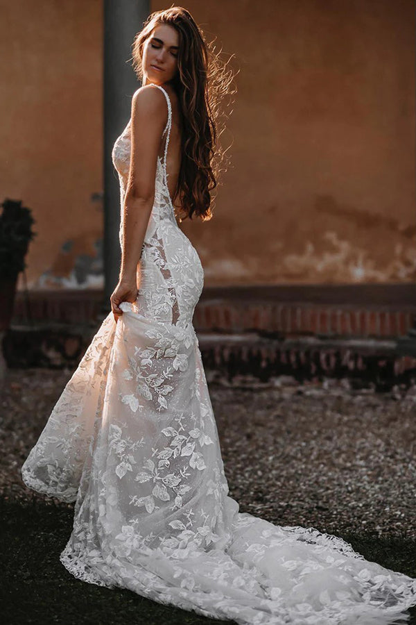 Mermaid Spaghetti Backless Boho Wedding Dress With Lace Appliques-Pgmdress