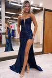 Mermaid Spaghetti Straps Appliques Red Prom Dress with Slit PSK556