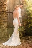 Mermaid Spaghetti Straps Backless Elegant Ivory Long Wedding Dress-Pgmdress