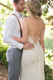 Mermaid Spaghetti Straps Backless Elegant Ivory Long Wedding Dress-Pgmdress