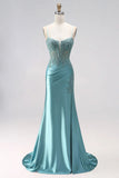 Mermaid Spaghetti Straps Blue Corset Long Prom Dress with Slit-Pgmdress