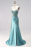 Mermaid Spaghetti Straps Blue Corset Long Prom Dress with Slit-Pgmdress