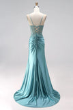 Mermaid Spaghetti Straps Blue Corset Long Prom Dress with Slit-Pgmdress