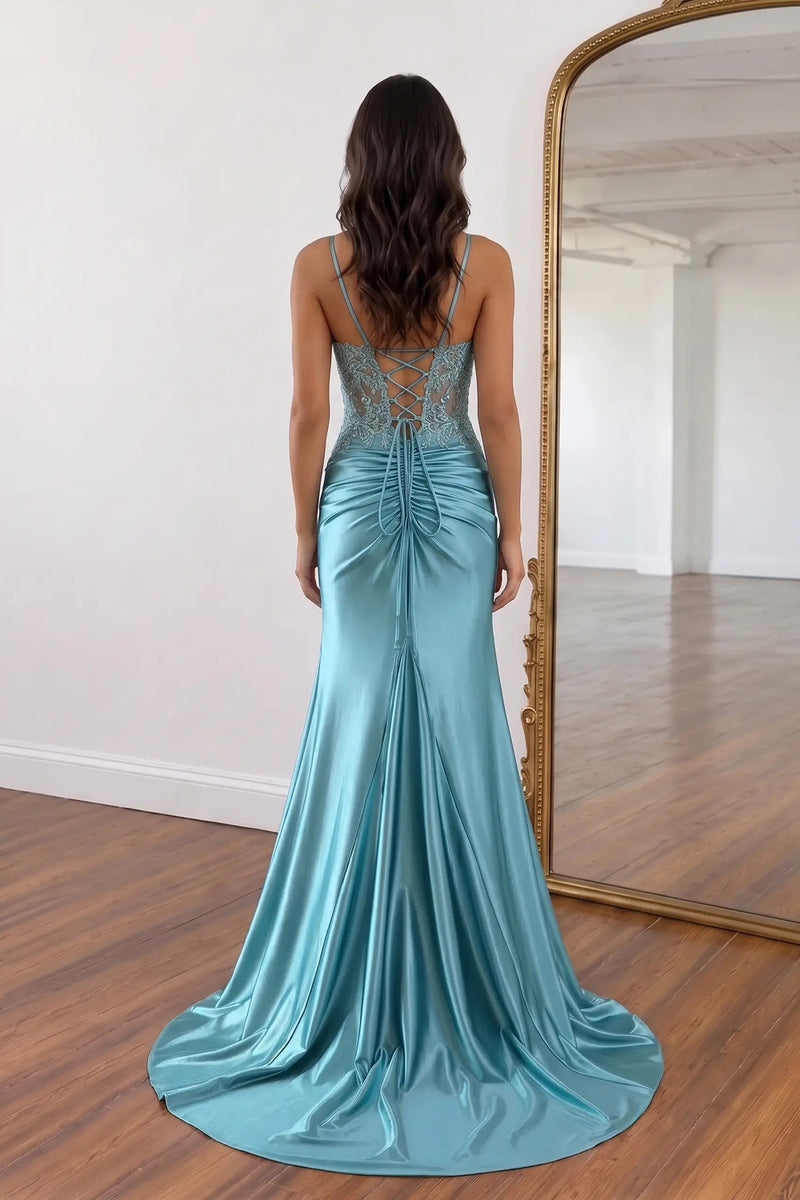 Mermaid Spaghetti Straps Blue Corset Long Prom Dress with Slit-Pgmdress