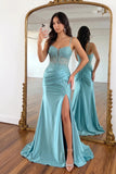 Mermaid Spaghetti Straps Blue Corset Long Prom Dress with Slit-Pgmdress