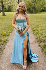 Mermaid Spaghetti Straps Corset Blue Long Prom Dress With Slit