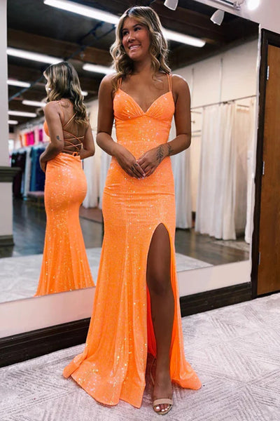tight orange prom dress Dresses ADASA Shine bright at your next event in our Sparkly Sequin Orange Long Glitter Prom Dress backless dresses for prom Coral