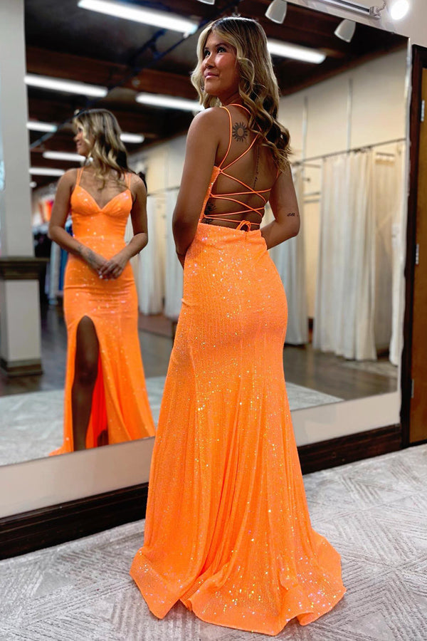 pgmdress Mermaid Spaghetti Straps Lace Up Tight Prom Dress with Split PSK442 US16 / As Picture