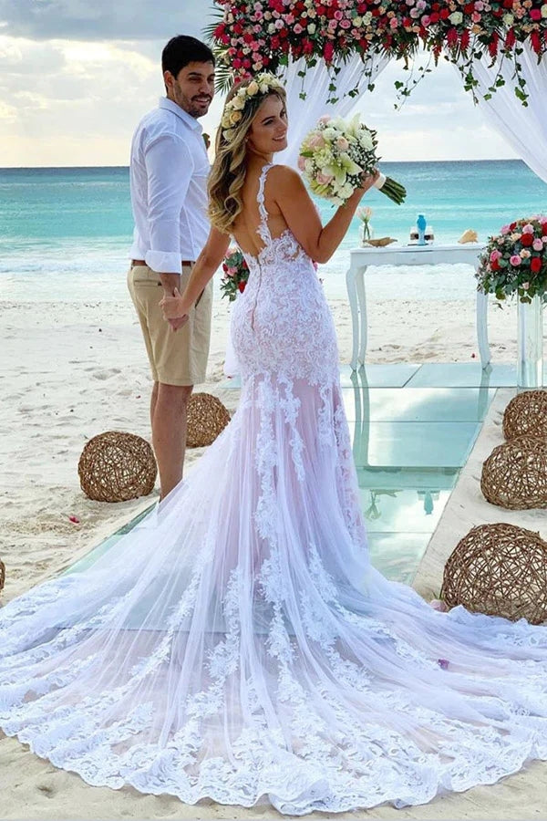 Mermaid Spaghetti Straps Lace Wedding Dress Beach Bridal Gown WD642-Pgmdress