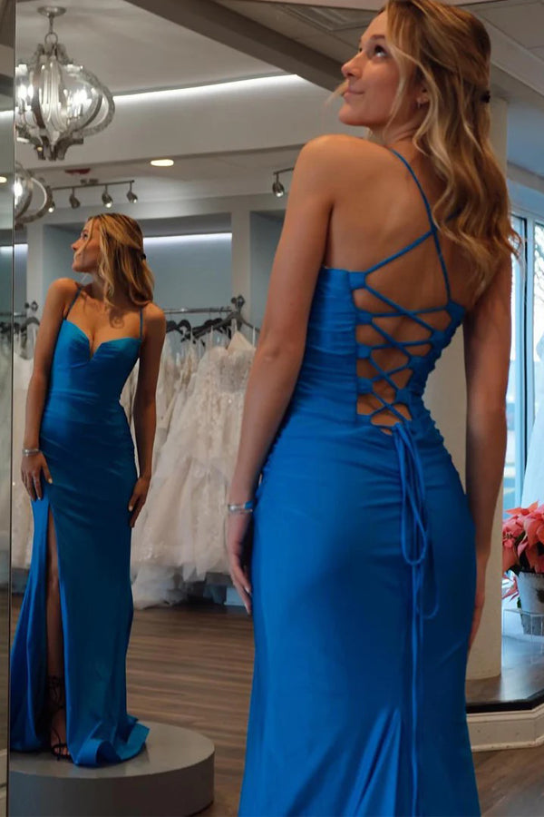 Mermaid Spaghetti Straps Royal Blue Prom Dress With Split PSK687-Pgmdress