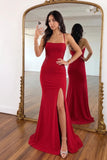 Mermaid Spaghetti Straps Split Red Long Prom Dress with Appliques-Pgmdress