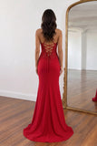 Mermaid Spaghetti Straps Split Red Long Prom Dress with Appliques-Pgmdress