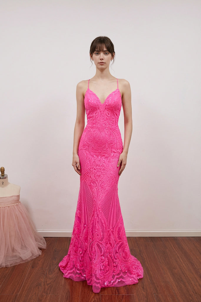 Mermaid Spaghetti Straps V Neck Lace Pink Prom Dress Formal Gown US6 / Pink Mermaid Spaghetti Straps V Neck Lace Pink Prom Dress Formal Gown US6 / Pink