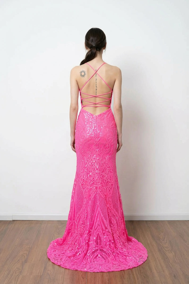 Mermaid Spaghetti Straps V Neck Lace Pink Prom Dress Formal Gown-Pgmdress