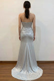 Mermaid Strapless Beading Silver Prom Dress Party Dress With Split-Pgmdress