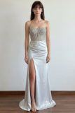 Mermaid Strapless Beading Silver Prom Dress Party Dress With Split-Pgmdress
