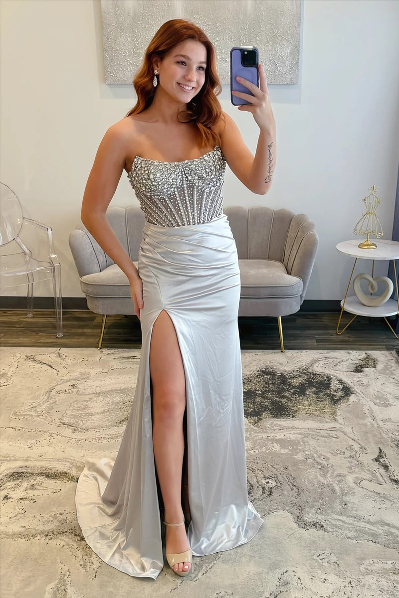 Mermaid Strapless Beading Silver Prom Dress Party Dress With Split-Pgmdress