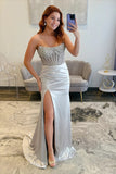 Mermaid Strapless Beading Silver Prom Dress Party Dress With Split