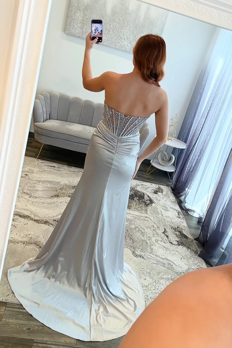 Mermaid Strapless Beading Silver Prom Dress Party Dress With Split-Pgmdress
