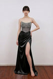 Mermaid Strapless Crystal Satin Fitted Prom Dress Evening Dress-Pgmdress