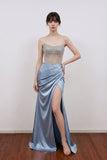 Mermaid Strapless Crystal Satin Fitted Prom Dress Evening Dress-Pgmdress