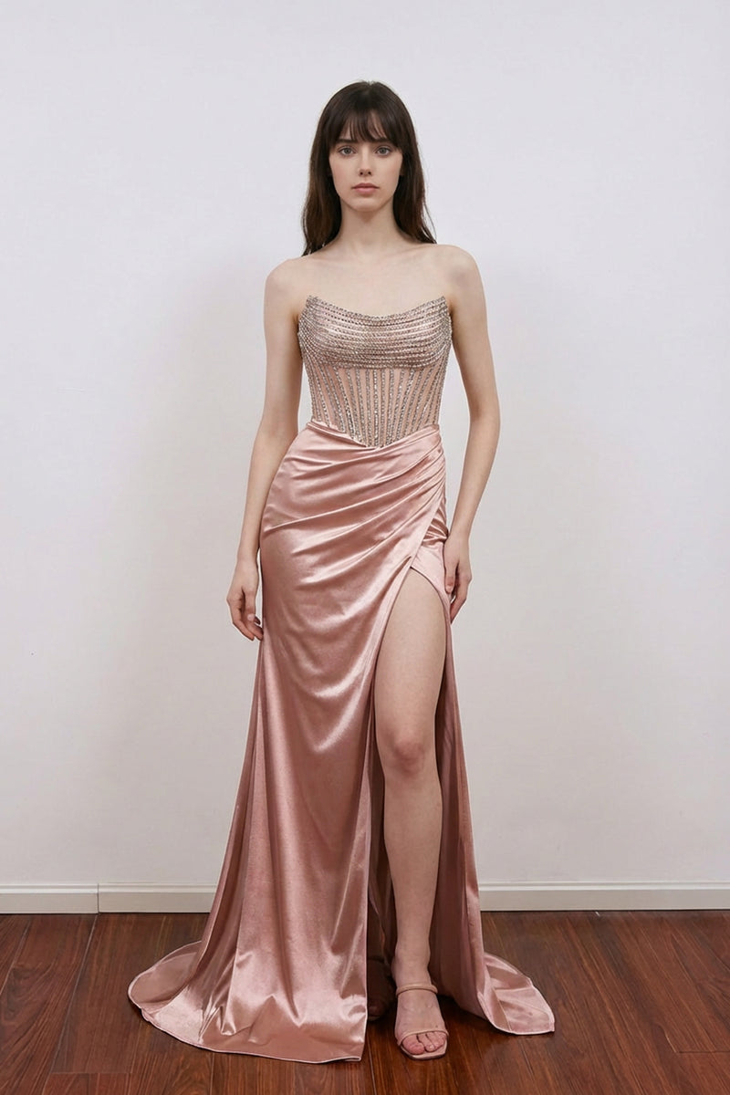 Mermaid Strapless Crystal Satin Fitted Prom Dress Evening Dress-Pgmdress