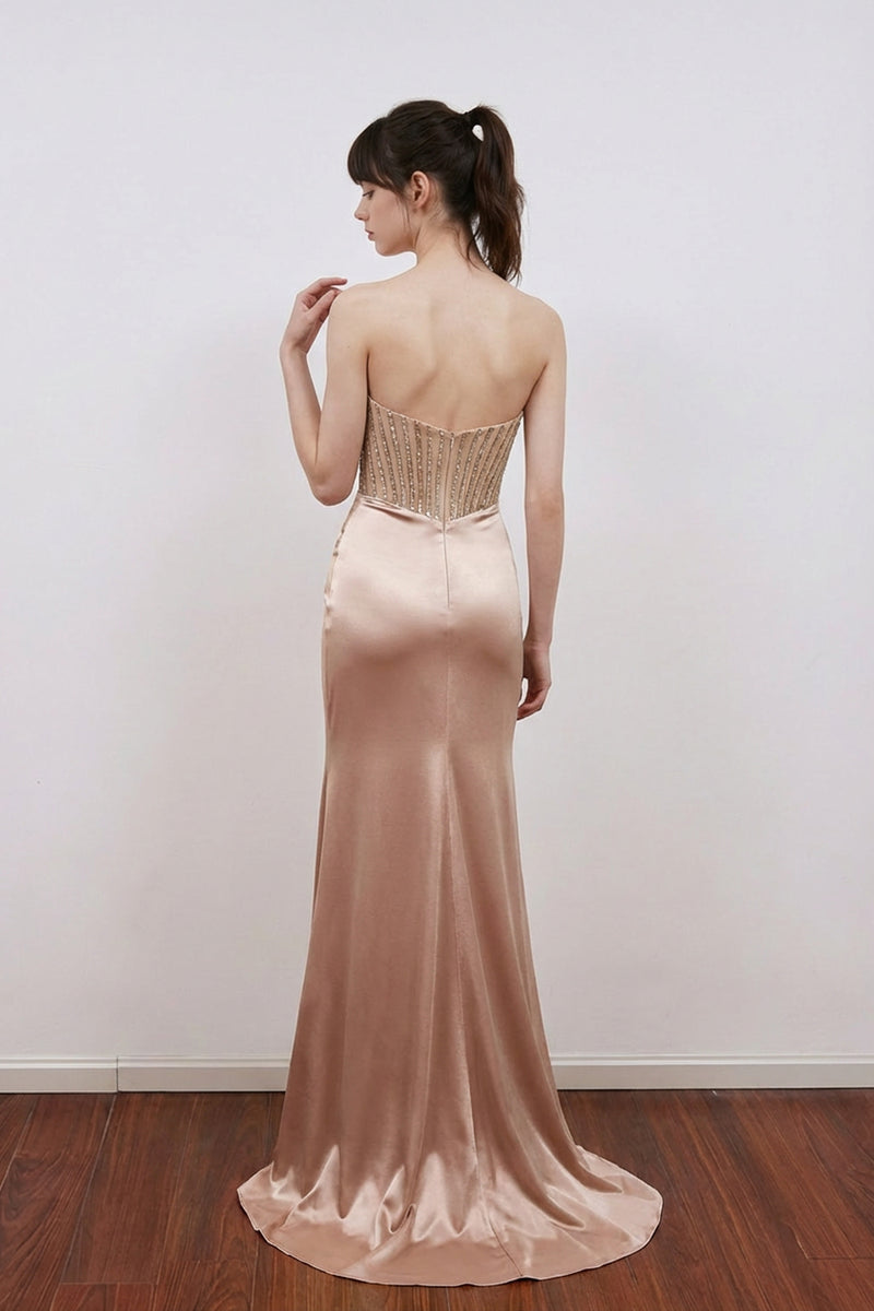 Mermaid Strapless Crystal Satin Fitted Prom Dress Evening Dress-Pgmdress