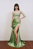 Mermaid Strapless Crystal Satin Fitted Prom Dress Evening Dress-Pgmdress
