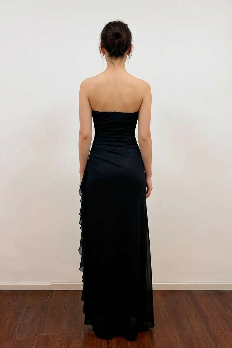 Mermaid Strapless Empire-Waist Pleats Appliques Black Prom Dress-Pgmdress