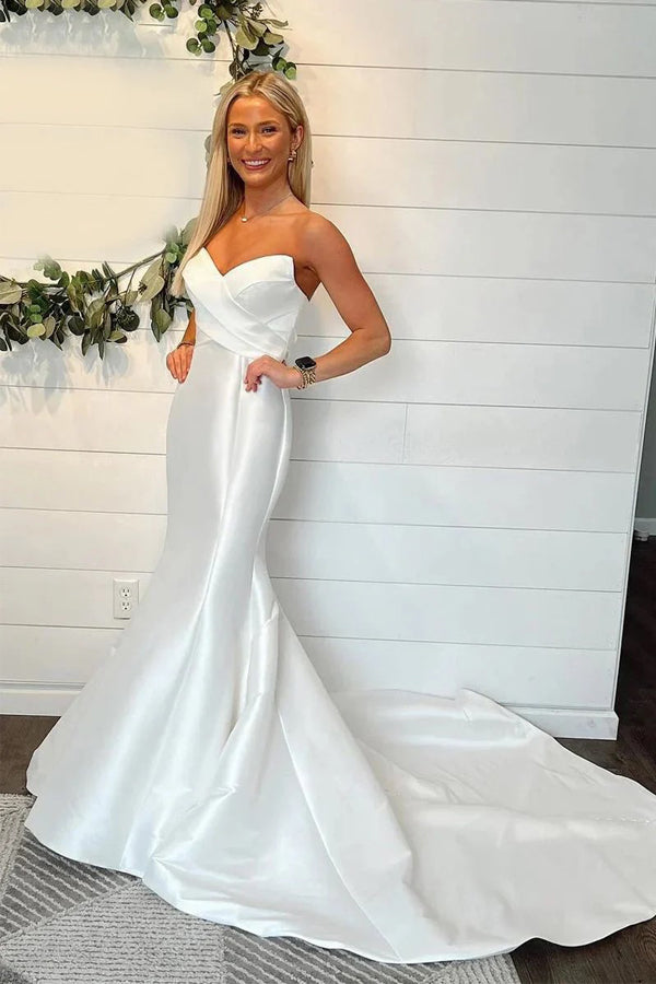 Mermaid Strapless Satin Wedding Dresses Modest Bridal Gown WD775-Pgmdress
