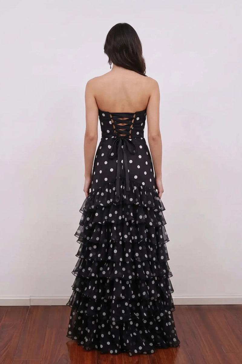 Mermaid Strapless Tiered Ruffles Floor Length Prom Dress Polka Dot Dress-Pgmdress