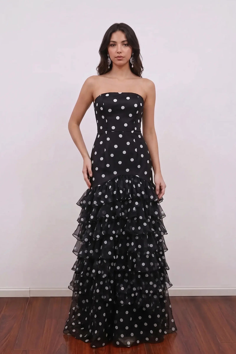 Mermaid Strapless Tiered Ruffles Floor Length Prom Dress Polka Dot Dress-Pgmdress