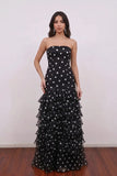 Mermaid Strapless Tiered Ruffles Floor Length Prom Dress Polka Dot Dress-Pgmdress