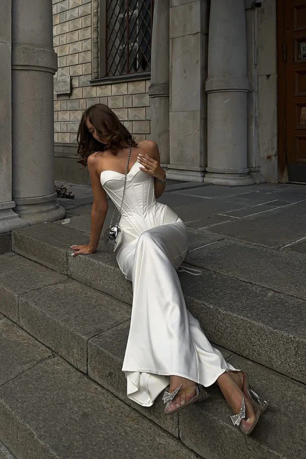 Mermaid Sweetheart Neck Corset Satin White Long Prom Dress PSK659-Pgmdress