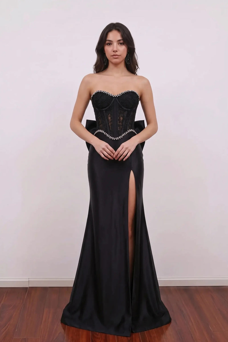 Mermaid Sweetheart Satin Sweep Train Black Prom Dress with Beads-Pgmdress