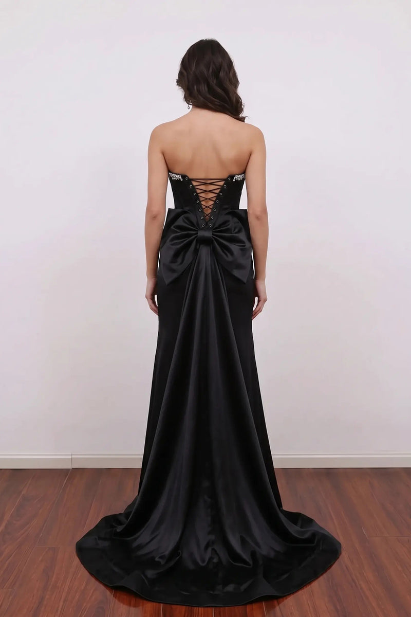 Mermaid Sweetheart Satin Sweep Train Black Prom Dress with Beads-Pgmdress