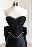 Mermaid Sweetheart Satin Sweep Train Black Prom Dress with Beads-Pgmdress