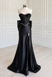 Mermaid Sweetheart Satin Sweep Train Black Prom Dress with Beads-Pgmdress