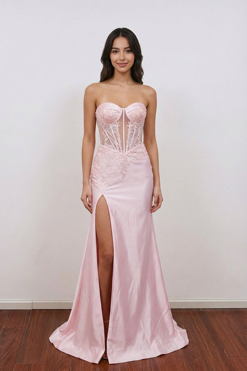 Mermaid Sweetheart Strapless Satin Lace Appliques Pink Prom Dress-Pgmdress