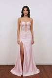 Mermaid Sweetheart Strapless Satin Lace Appliques Pink Prom Dress-Pgmdress