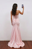 Mermaid Sweetheart Strapless Satin Lace Appliques Pink Prom Dress-Pgmdress