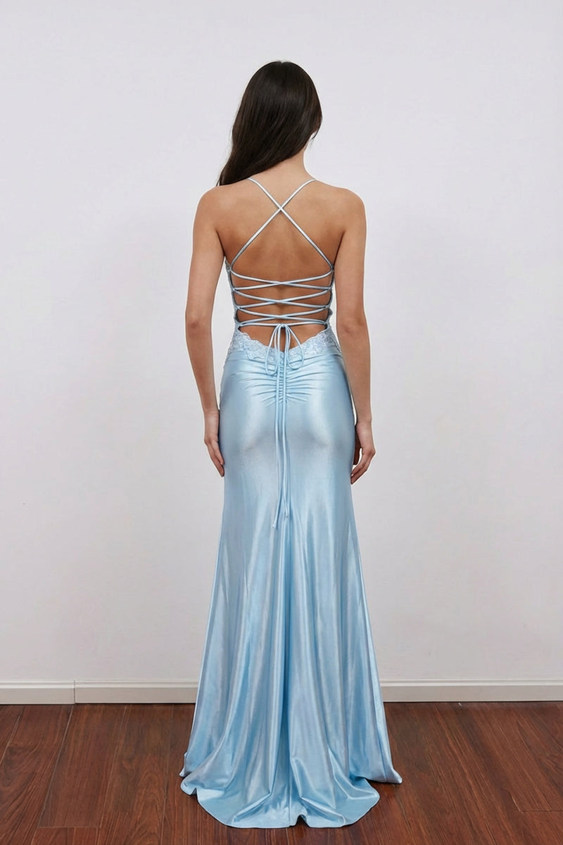 Mermaid V-Neck Lace-Up Satin Blue Party Prom Dress With Slit-Pgmdress