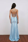 Mermaid V-Neck Lace-Up Satin Blue Party Prom Dress With Slit-Pgmdress