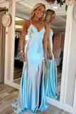 Mermaid V-Neck Lace-Up Satin Blue Party Prom Dress With Slit-Pgmdress