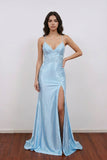 Mermaid V-Neck Lace-Up Satin Blue Party Prom Dress With Slit-Pgmdress