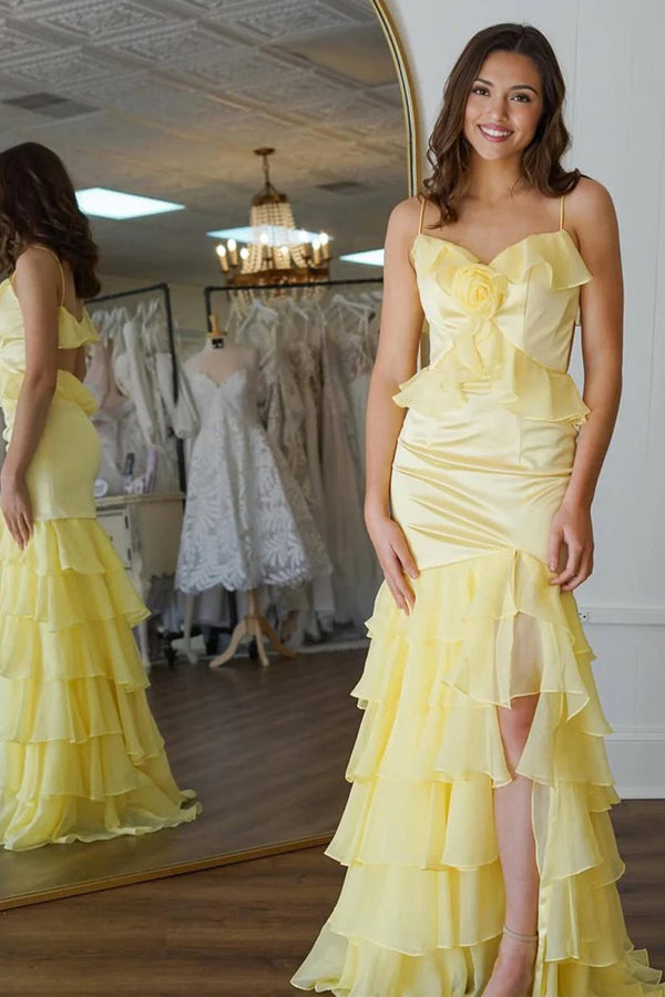 Mermaid V-Neck Ruffle Chiffon Yellow Flower Prom Dress PSK705-Pgmdress