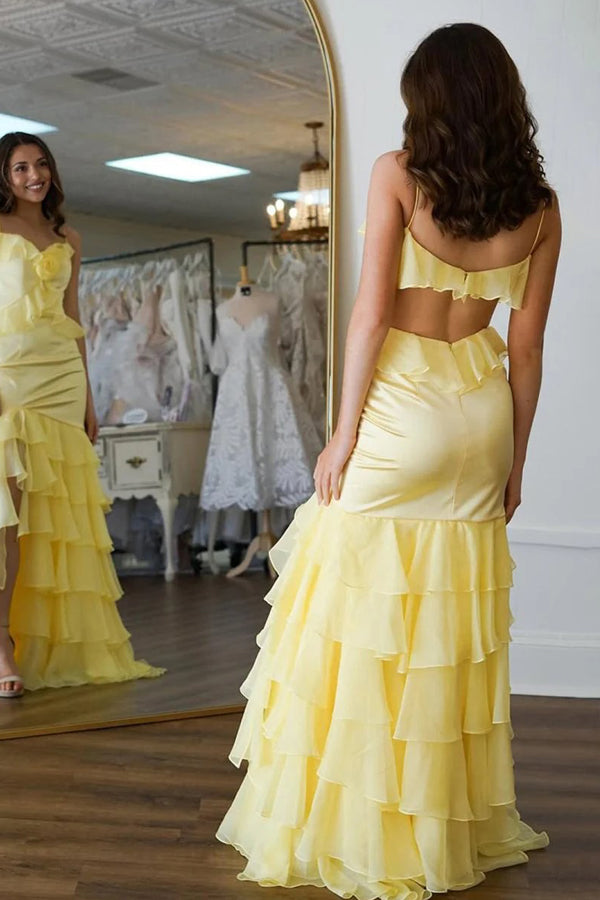 Mermaid V-Neck Ruffle Chiffon Yellow Flower Prom Dress PSK705-Pgmdress