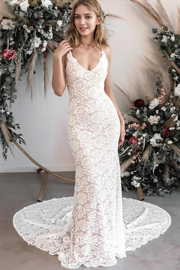 Mermaid V-Neck Spaghetti Straps Lace Boho Wedding Dress WD787-Pgmdress